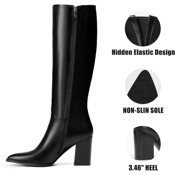 ⚡Women's Black Knee High Boots Sexy Pointed Toe Block Heel Zipper Fashion - Picture 4 of 7
